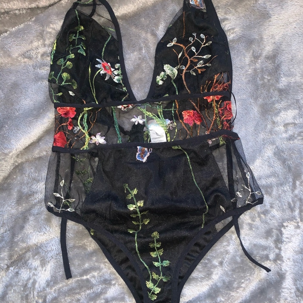 Black mesh floral bodysuit